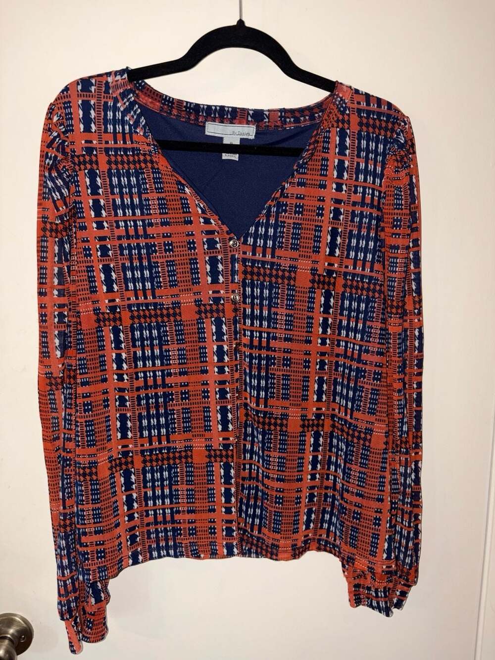 By Design Women's Long Sleeve Button-Down Blouse in Red and Navy Plaid Print